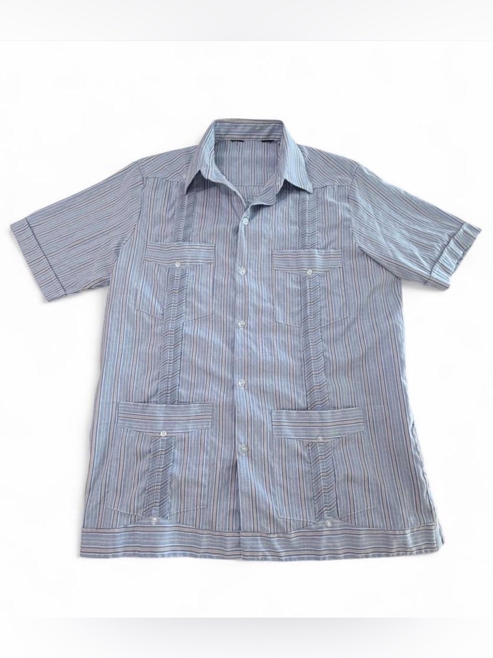 Men's Short-Sleeve Striped Button-Up Linen Guayabera Shirt - Light Blue.